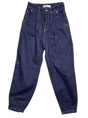 ZARA DARK WASH HIGH WAIST BARREL JEANS  TAPERED LENGTH SZ 10